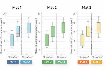 Measured iodine concentration across materials, box and whisker